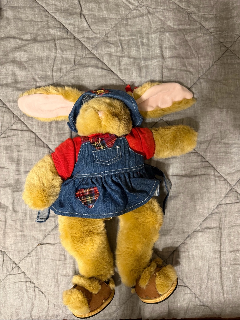 Build-A-Bear Golden Brown Bunny in Denim Dress with Red Top